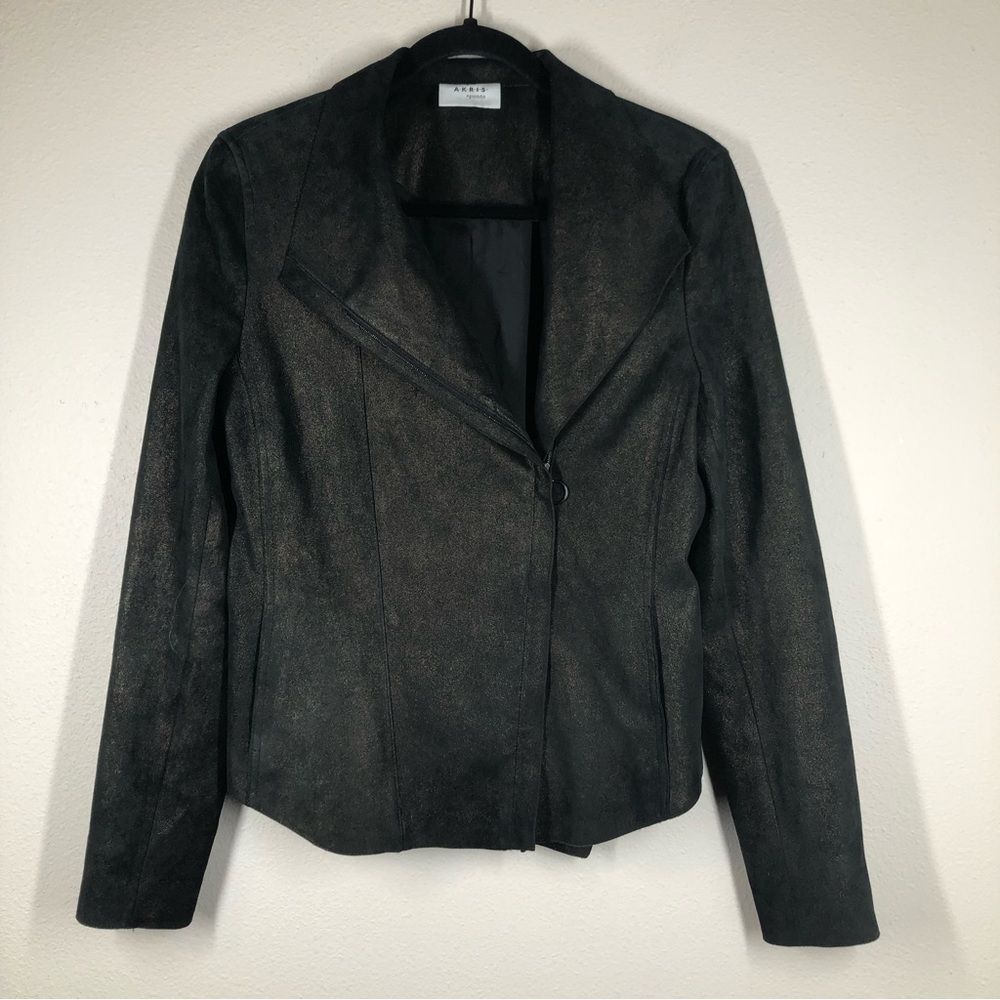 AKRIS Akris Punto Lambskin Leather Moto Jacket Coat Black Metallic Nappa Size 8